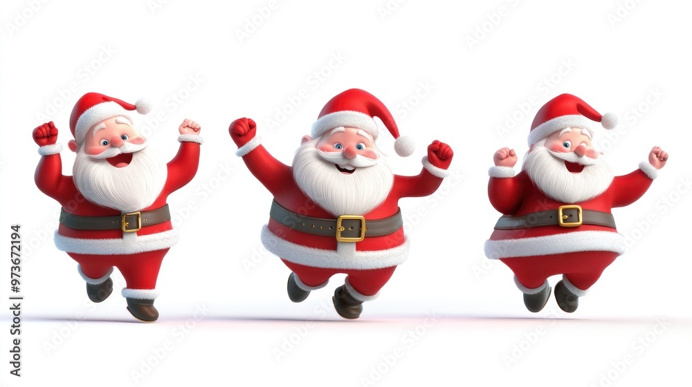 Three 3D cartoon Santas jumping with a happy expression on their faces. Three 3D cartoon Santas jumping with a happy expression on their faces.