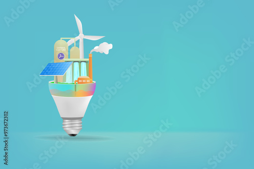 renewable energy sources in colorful smart light bulb. Includes water energy, solar panels, geothermal, carbon capture