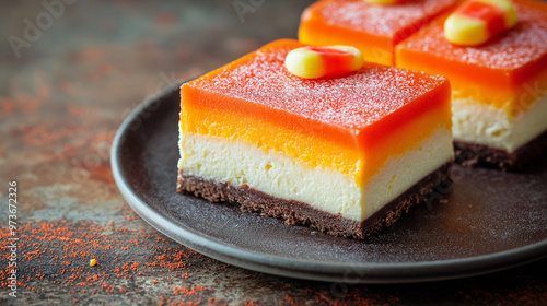 Candy Corn Cheesecake Bars, layered cheesecake bars featuring the iconic candy corn colors, Halloween, with copy space
