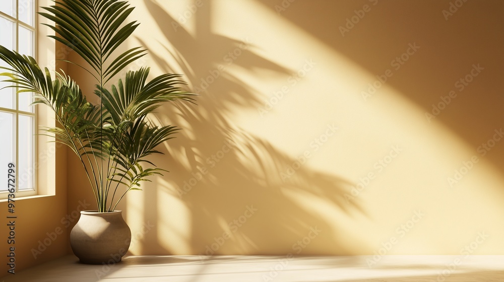 Earth tone wall cement blank with sun bright shadow from window and palm tree Earth tone wall cement blank with sun bright shadow from window and palm tree