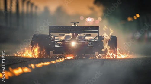 a racing car that emits flames at night on a racing circuit. Virtual 4K video animation background with looping time lapse with very smooth graphics.