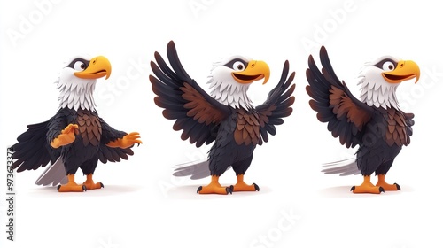 Three cartoon bald eagles in different poses. The first eagle is standing with its wings down, the second eagle is standing with its wings up, and the third eagle is standing with its wings out. photo