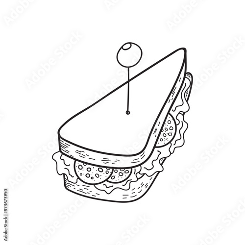 Fresh made sandwich with salami and salad in doodle engraved sketch style. Traditional breakfast product. Hand drawn illustration for cafe, bakery, restaurant menu