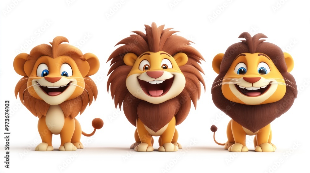 Obraz premium Three happy cartoon lions, one with a brown mane, standing together, isolated on white background.