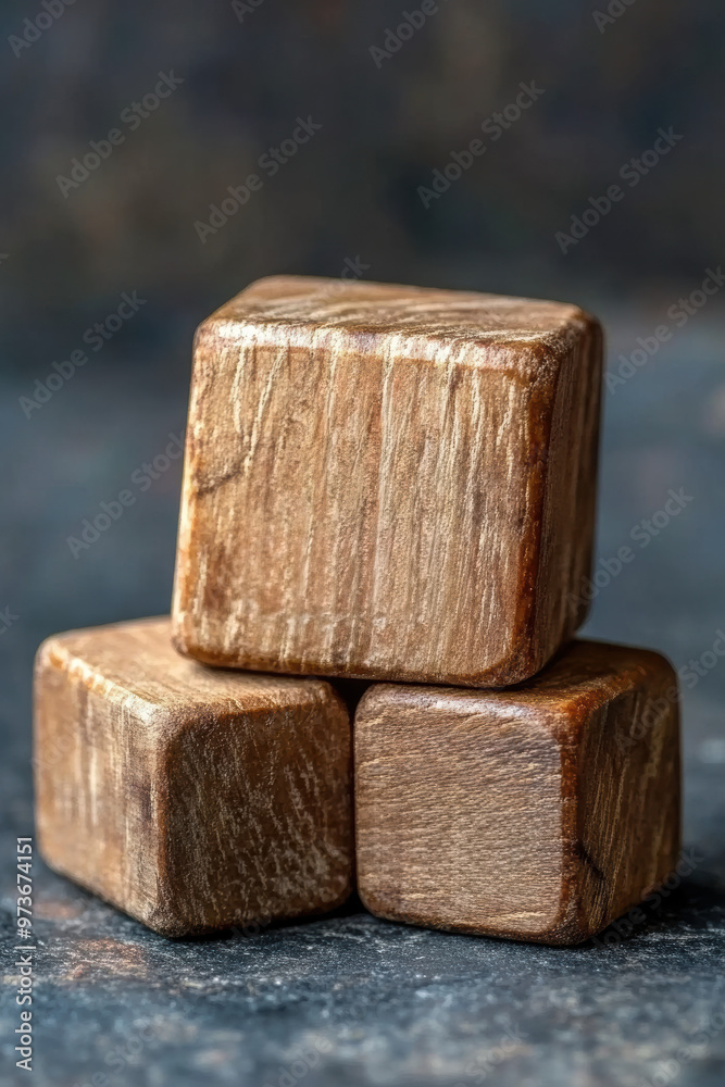 Close-up of three stacked wooden blocks on a dark background, showcasing natural textures and rustic charm. Perfect for craft or construction themes. Close-up of three stacked wooden blocks on a dark background, showcasing natural textures and rustic charm. Perfect for craft or construction themes.