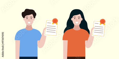 Happy student boy and girl holding certificate reward. Education, gradation, school learning concept. Flat people characer vector design isolated illustration. photo