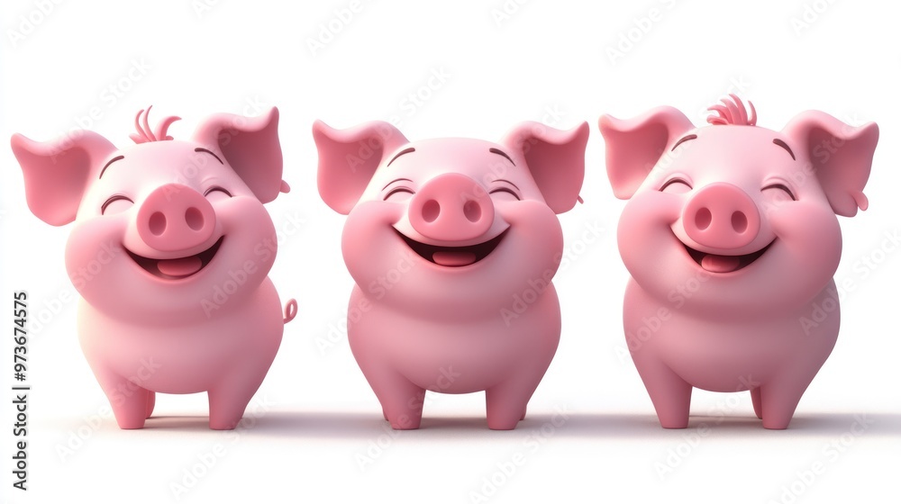Three happy pink pig cartoon characters with big smiles. Three happy pink pig cartoon characters with big smiles.