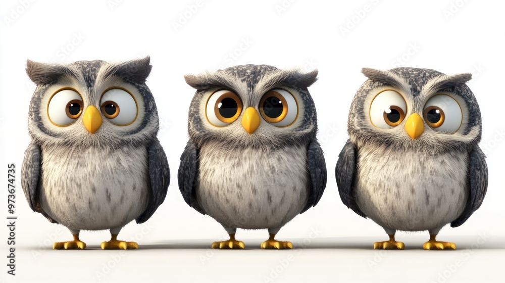 Three cartoon owls with big eyes looking at the camera on a white background. Three cartoon owls with big eyes looking at the camera on a white background.