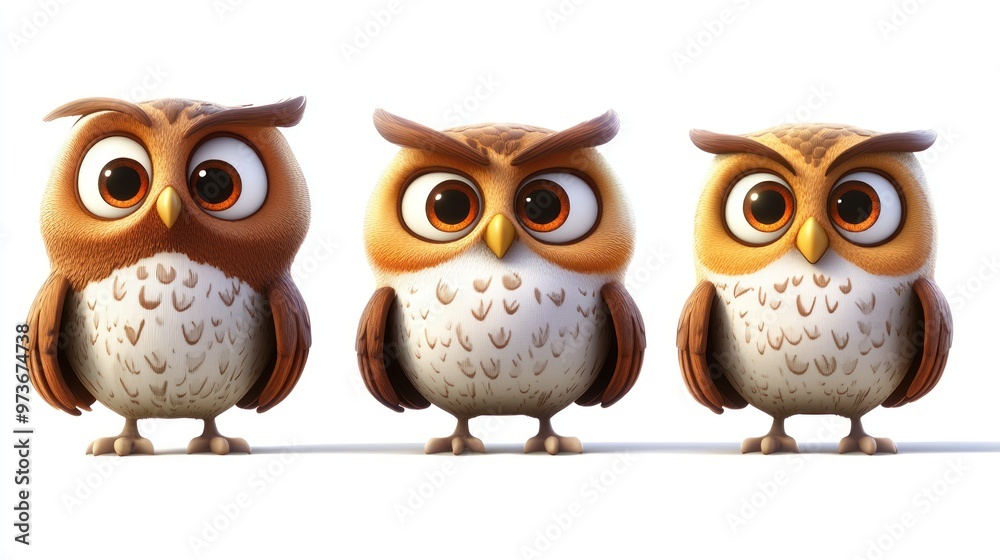 Fototapeta premium Three cartoon owls with big eyes and brown feathers, looking straight ahead on a white background.