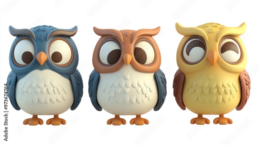 Fototapeta premium Three cartoon owls with big eyes standing in a row.