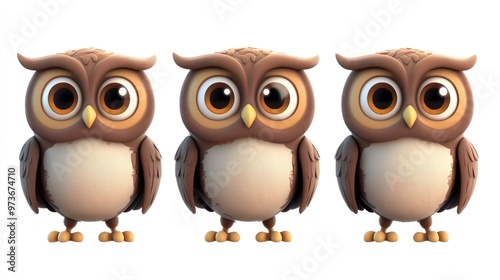 Three cute cartoon owls with big eyes and brown feathers isolated on white background. photo