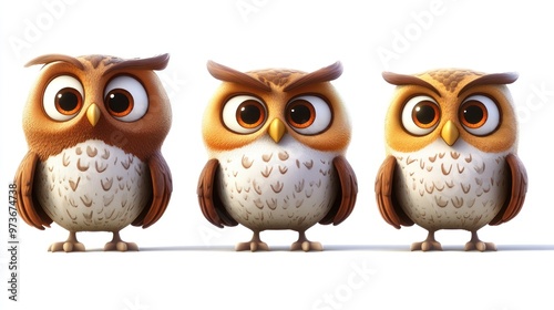 Three cartoon owls with big eyes and brown feathers, looking straight ahead on a white background.