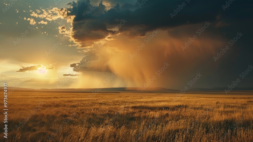 Fototapeta premium Dark clouds unleashing intense rainfall over the vast fields.