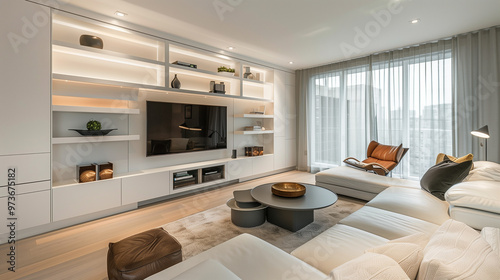 Modern living room with a custom-designed entertainment wall, sleek white shelving, and hidden storage.