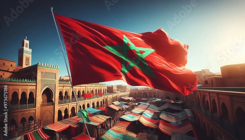 Traditional Moroccan market with Moroccan flag
