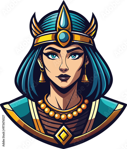 Beautiful egyptian queen wearing gold jewelry and blue dress illustration