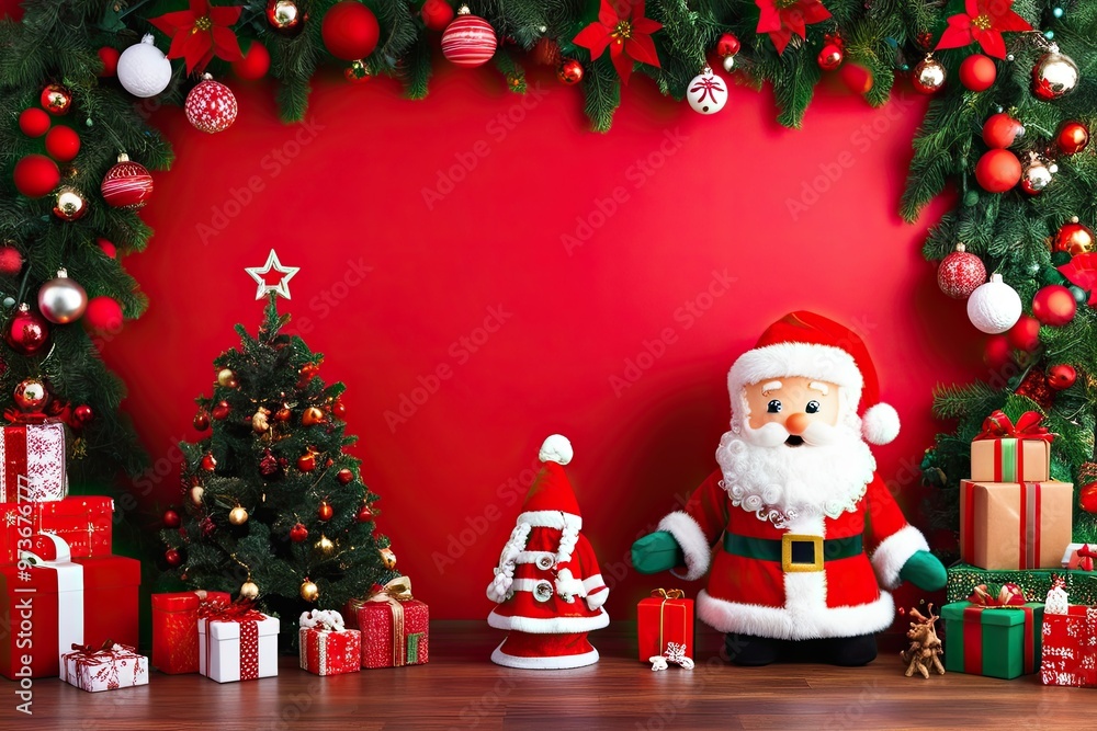 Festive Holiday Scene with Vibrant Red Background for Merry Christmas Celebrations Festive Holiday Scene with Vibrant Red Background for Merry Christmas Celebrations