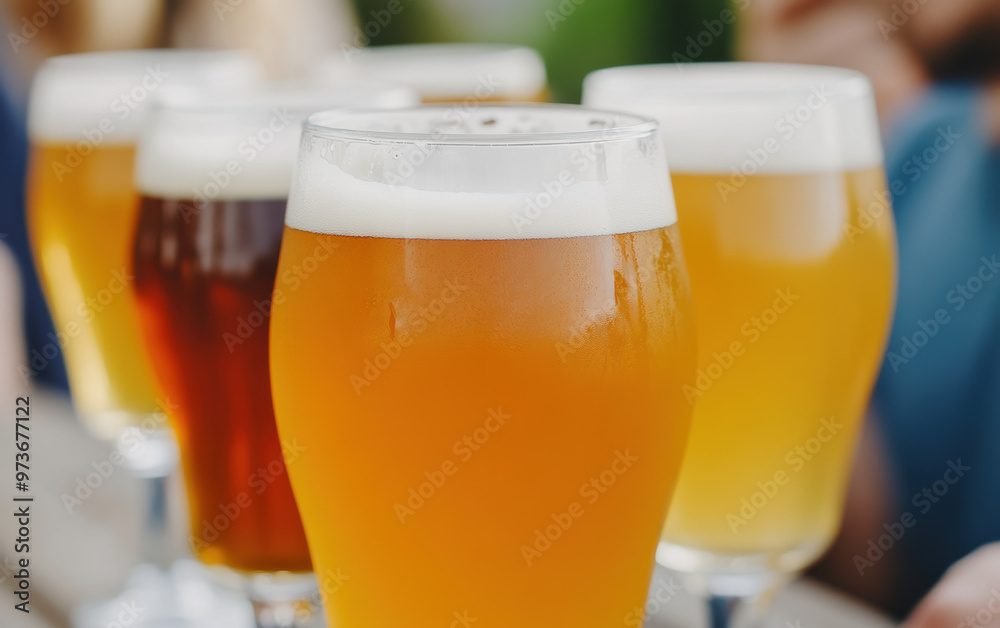 Close-up of several glasses filled with different types of craft beer, showcasing varying colors and textures on a wooden surface. Close-up of several glasses filled with different types of craft beer, showcasing varying colors and textures on a wooden surface.