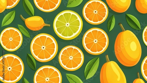  Fresh citrus fruits and leaves on a green background