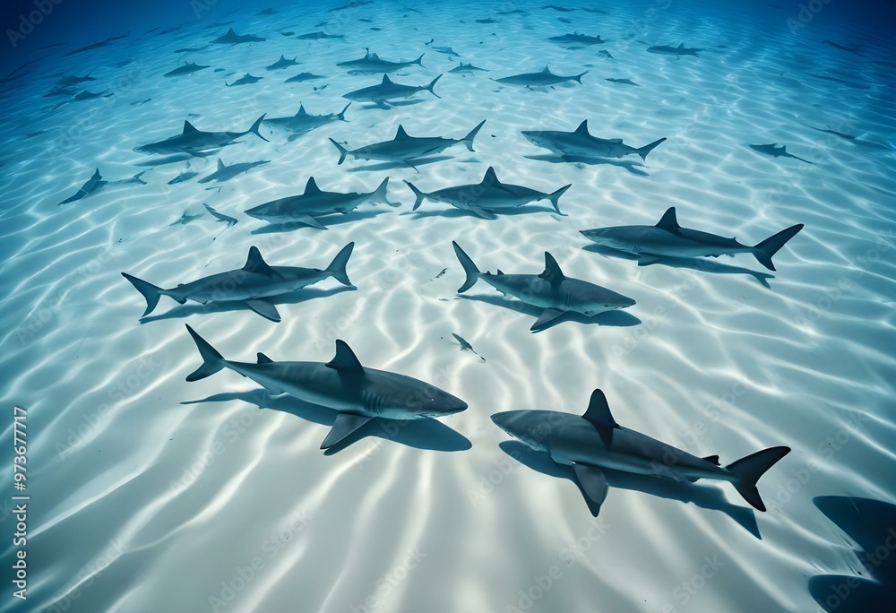 Obraz premium A school of sharks swimming in the deep blue ocean