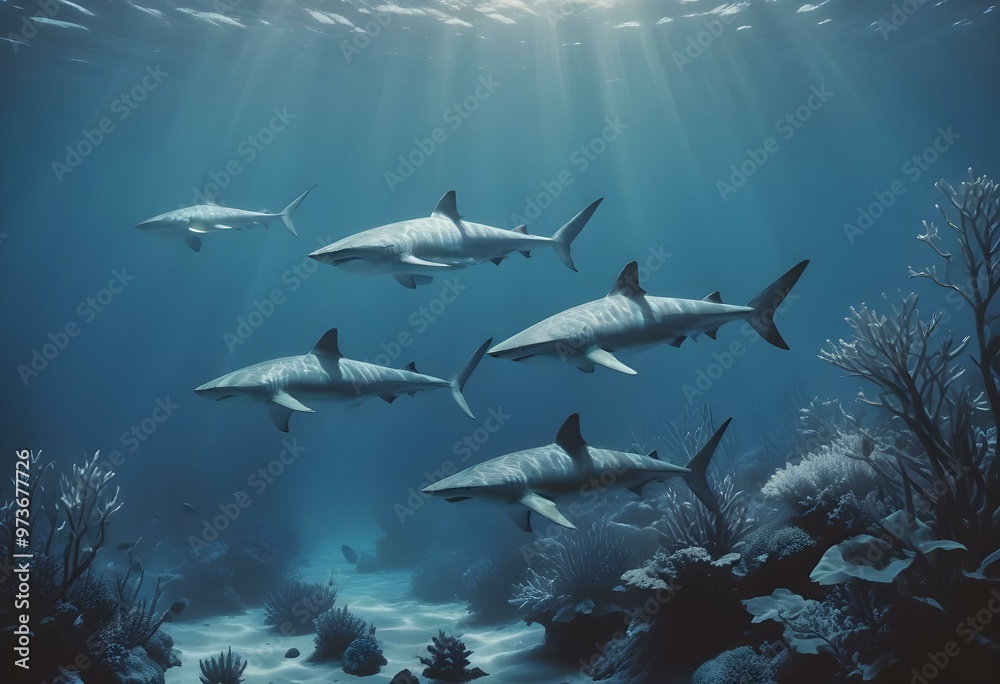Fototapeta premium A school of sharks swimming in the deep blue ocean