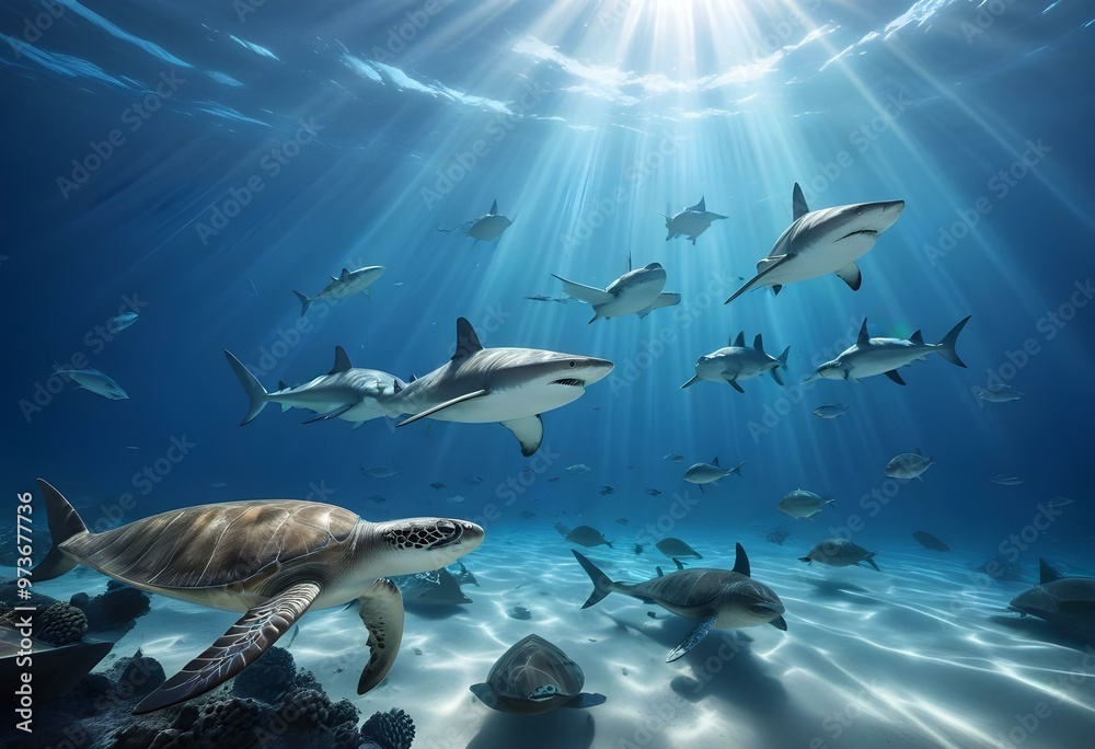 Obraz premium A school of sharks swimming in the deep blue ocean