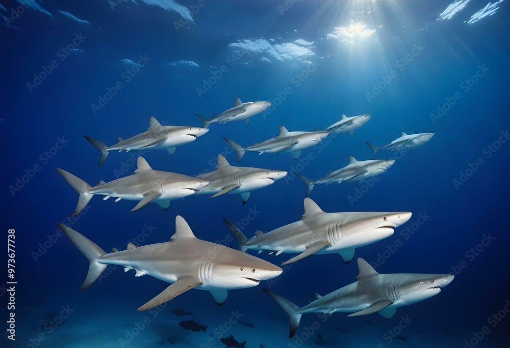 A school of sharks swimming in the deep blue ocean A school of sharks swimming in the deep blue ocean