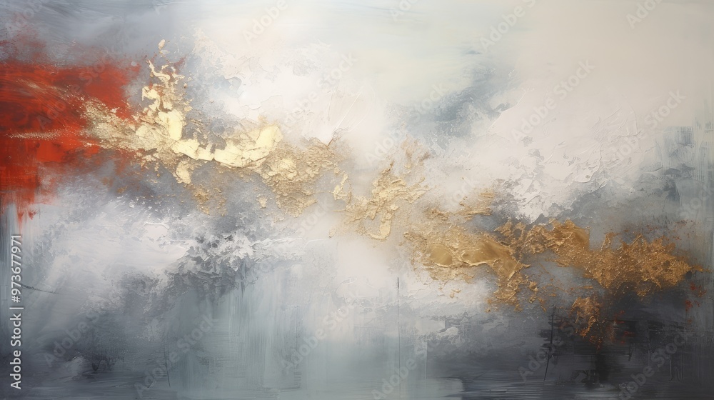 An abstract painting featuring a blend of colors, including red, gold, and shades of blue and white, creating a dynamic visual effect. An abstract painting featuring a blend of colors, including red, gold, and shades of blue and white, creating a dynamic visual effect.