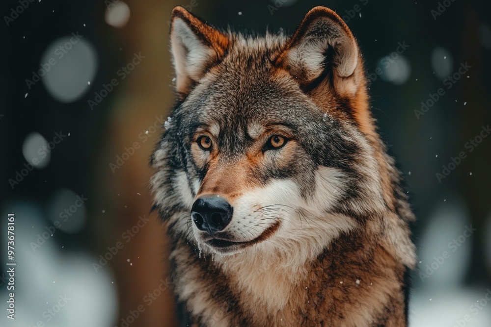 A Wolf's Close-Up Portrait with Snow Falling in the Background A Wolf's Close-Up Portrait with Snow Falling in the Background