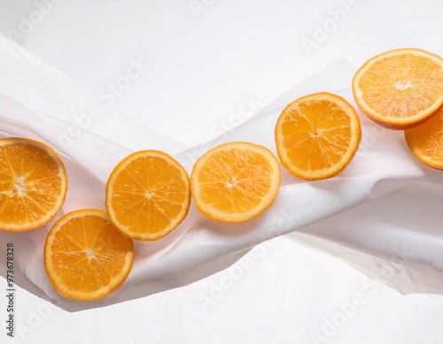 sliced ​​lemon slices floating in the air over a white cloth background. generative ai photo