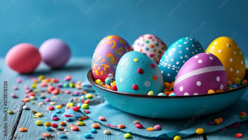 Colorful Easter eggs in a bowl with candy Colorful Easter eggs in a bowl with candy