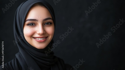 Portrait of a smiling Muslim woman wearing a black hijab against a dark background.