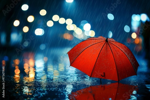 Wallpaper Mural A Red Umbrella in the Rain Under City Lights Torontodigital.ca