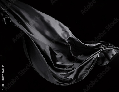 Abstract black fabric flying on a black background, creating a dramatic contrast, generative ai photo