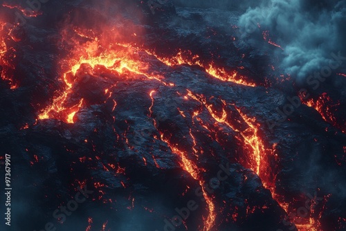 Aerial View of Molten Lava Flowing Down a Volcano