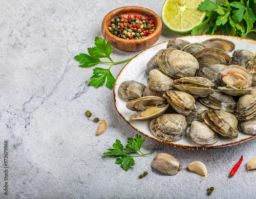 sea ​​oysters served fresh with open shells, generative ai photo