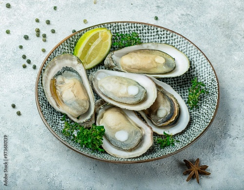 sea ​​oysters served fresh with open shells, generative ai photo