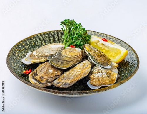 sea ​​oysters served fresh with open shells, generative ai photo