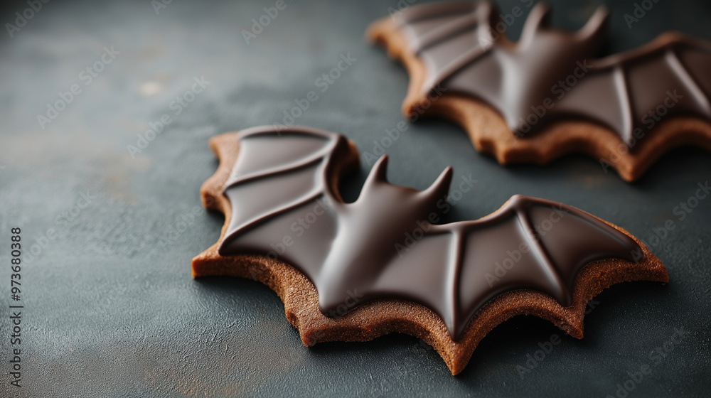 Bat Wing Cookies, chocolate-dipped cookies shaped like bat wings, Halloween, with copy space Bat Wing Cookies, chocolate-dipped cookies shaped like bat wings, Halloween, with copy space