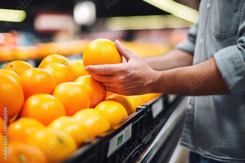 Costumer handing fresh organic oranges form supermarket shelves