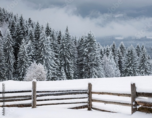 a stunning winter scene, featuring a landscape with a snow-covered wooden fence, generative ai photo