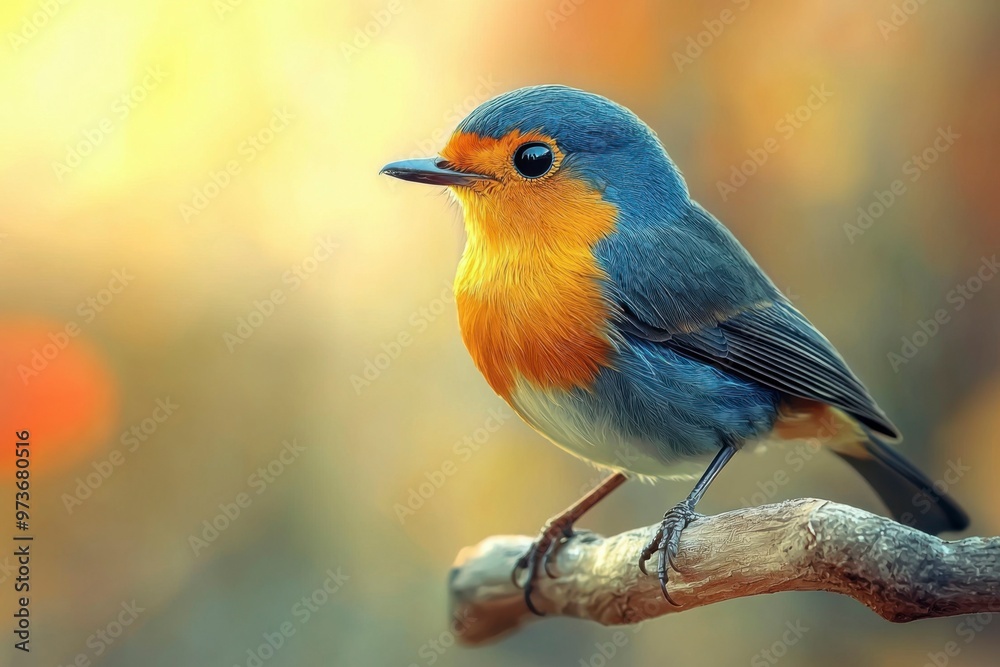 Fototapeta premium A Blue and Orange Bird Perched on a Branch with a Blurred Background