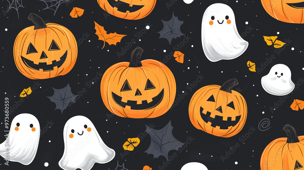 Pumpkin and Ghosts Pattern, repeating jack-o'-lanterns and cute ghost illustrations, Halloween, with copy space Pumpkin and Ghosts Pattern, repeating jack-o'-lanterns and cute ghost illustrations, Halloween, with copy space