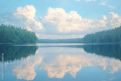 Tranquil Lake with Reflections of Clouds and Trees