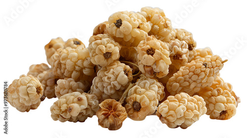 A handful of dried white mulberries with a transparent background.