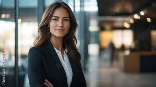 Beautiful professional woman in a suit standing in a modern office environment