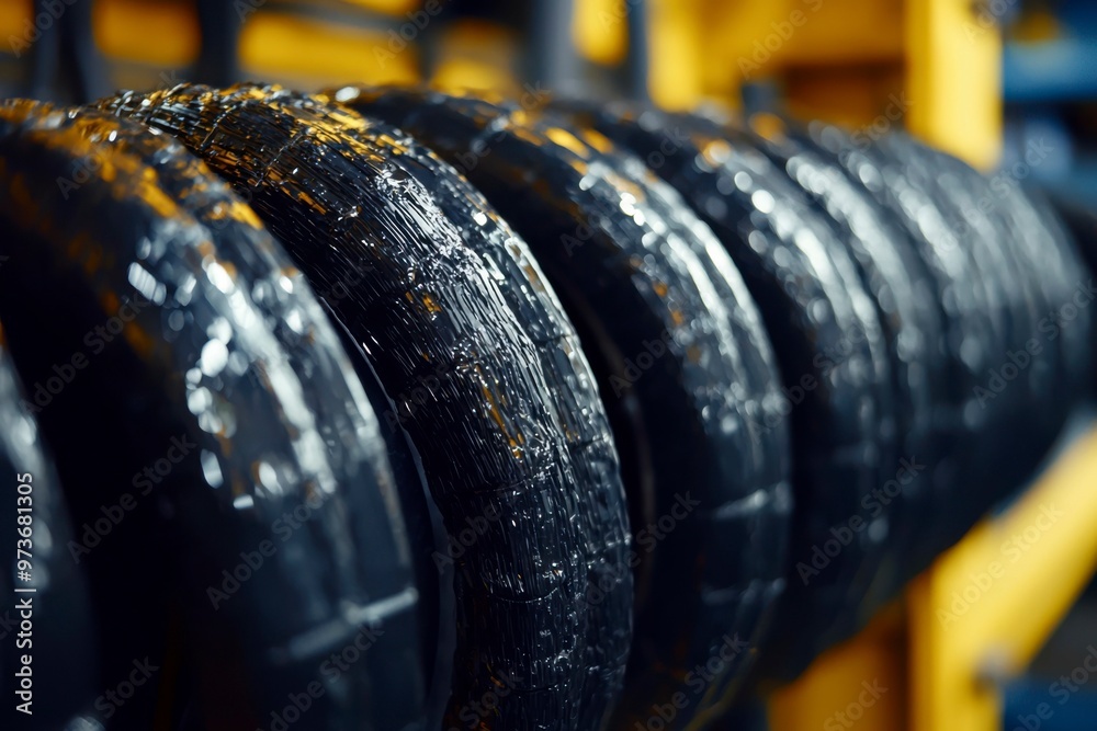 Obraz premium Close-up of Black Rubber Tire Stacked in a Warehouse