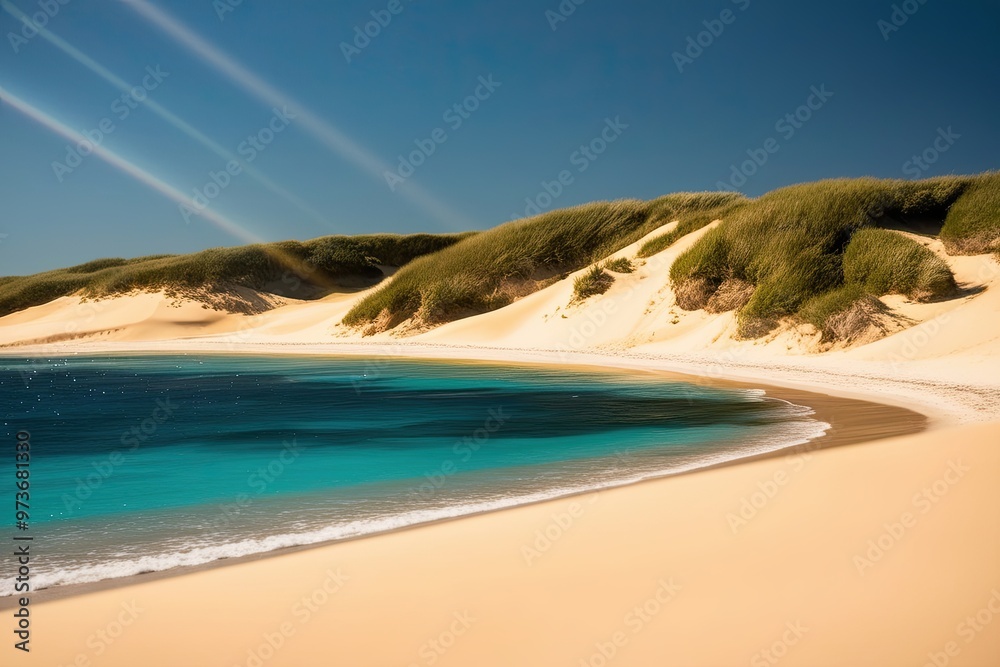 Obraz premium Golden Sand Dunes and Crystal Blue Waters Shimmering Under Summer Sunlight