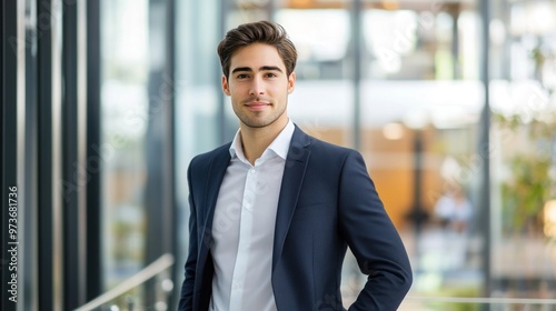 Young professional man in business suit standing in modern office environment