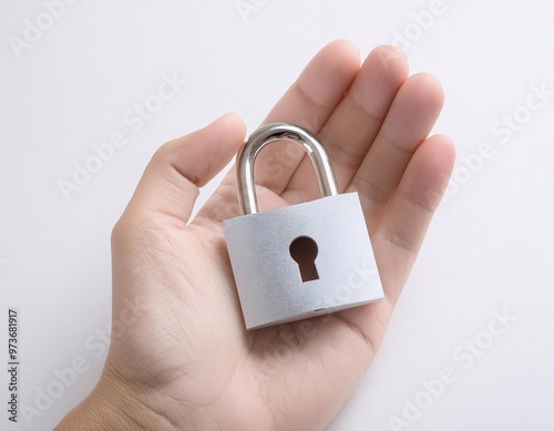 Close-up image of a hand holding a padlock key on a clean white background, generative ai photo